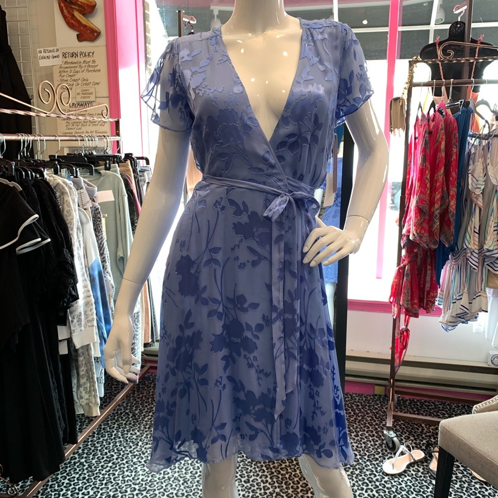 Blue flutter sleeve wrap dress